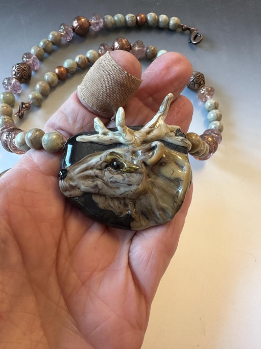 Bull Elk lampwork glass necklace, agate and copper accents, statement necklace