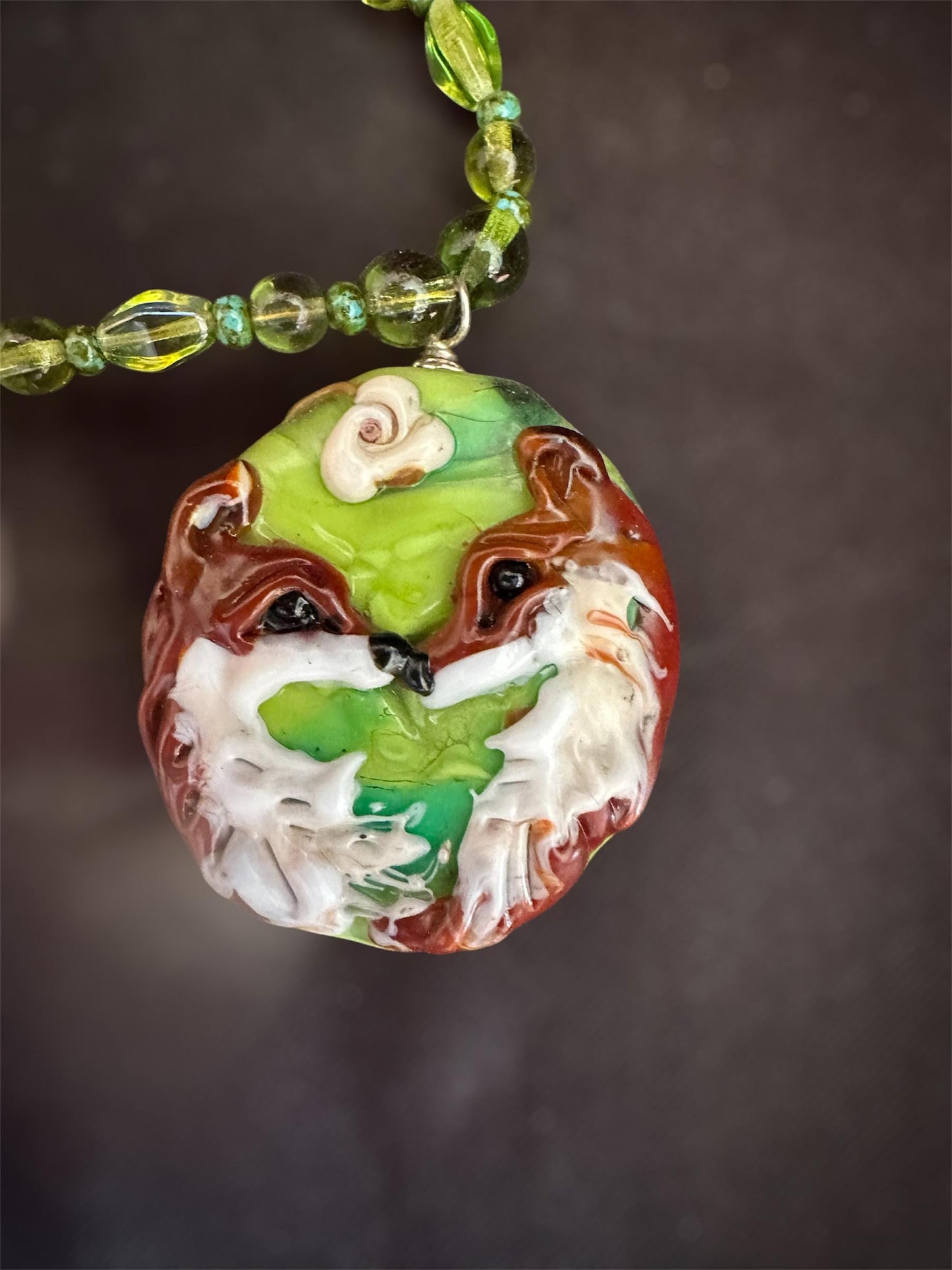 Pair of Red fox lampwork glass necklace, loving fox , love