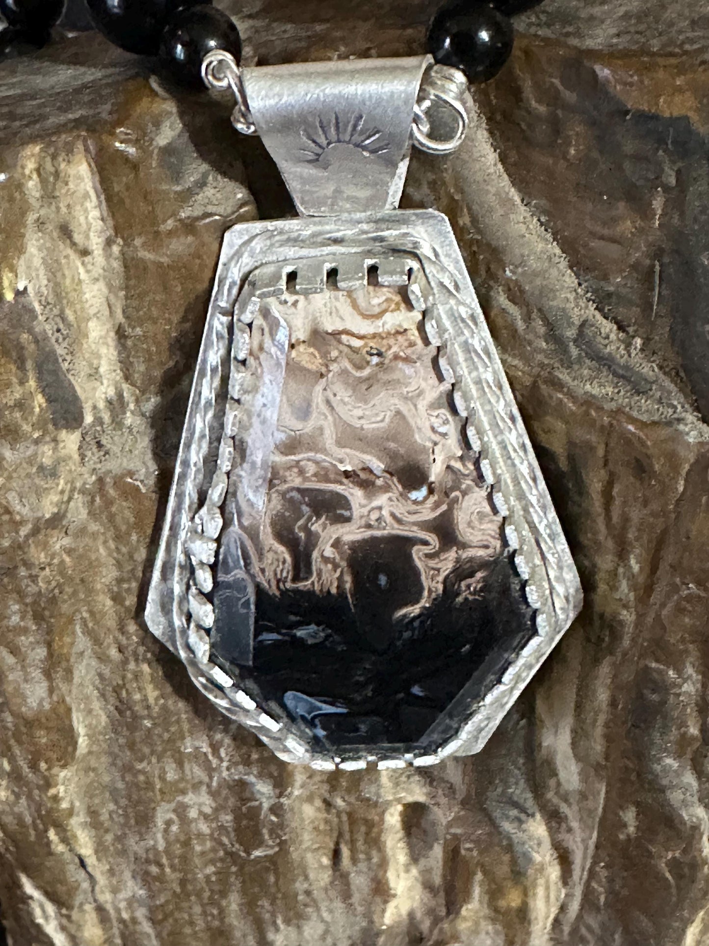 Agatized Palm root stone necklace, classic black and ivory necklace,