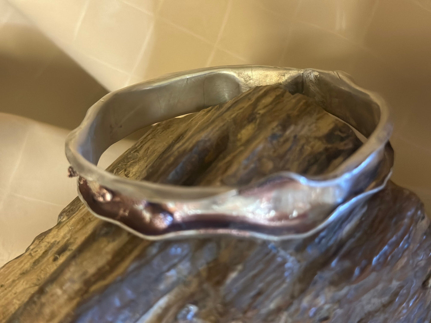 Textural Live edge Sterling Silver with Copper accents Bangle