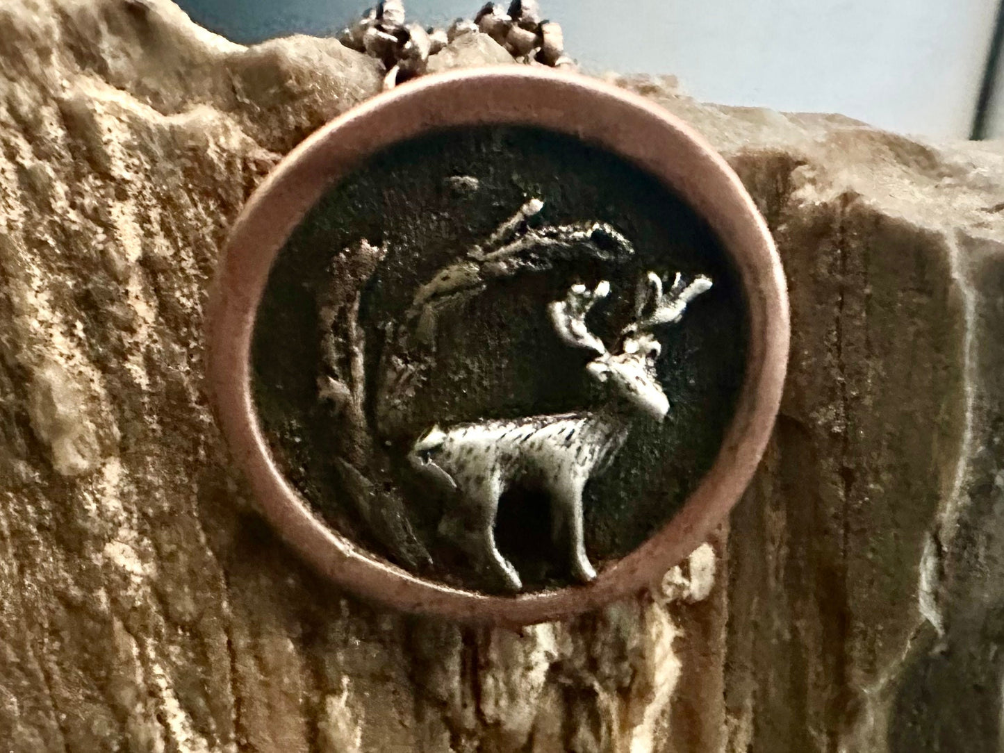 Handmade deer in woods tri metal necklace