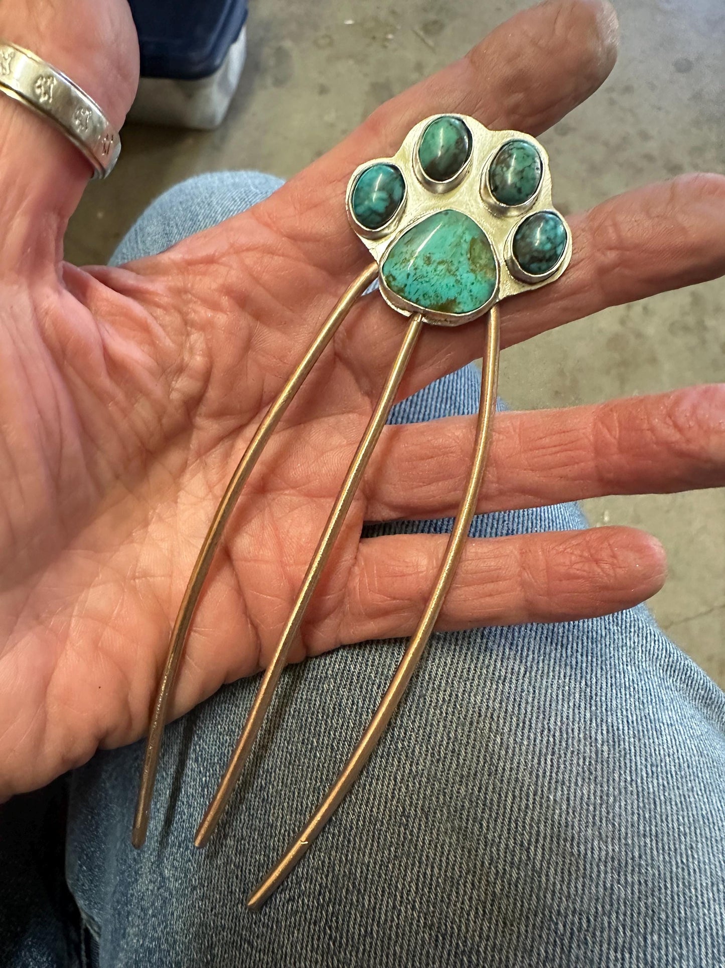 Paw hair comb, kingman turquoise hair accessories, bridal hair jewelry, cowgirl, dog lover