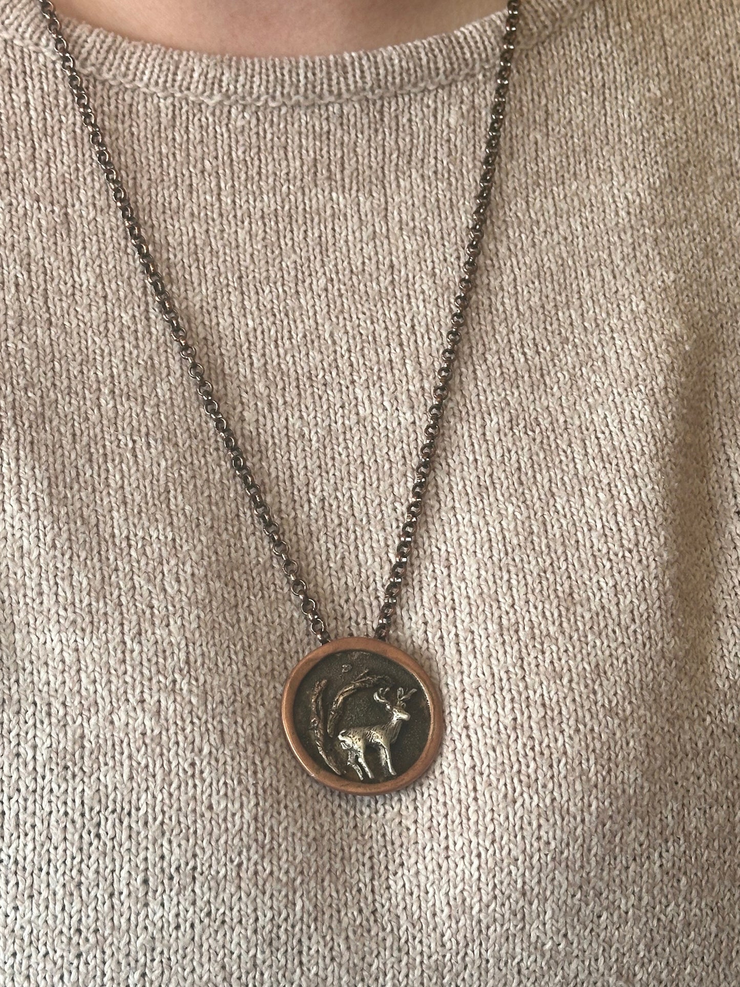 Handmade deer in woods tri metal necklace