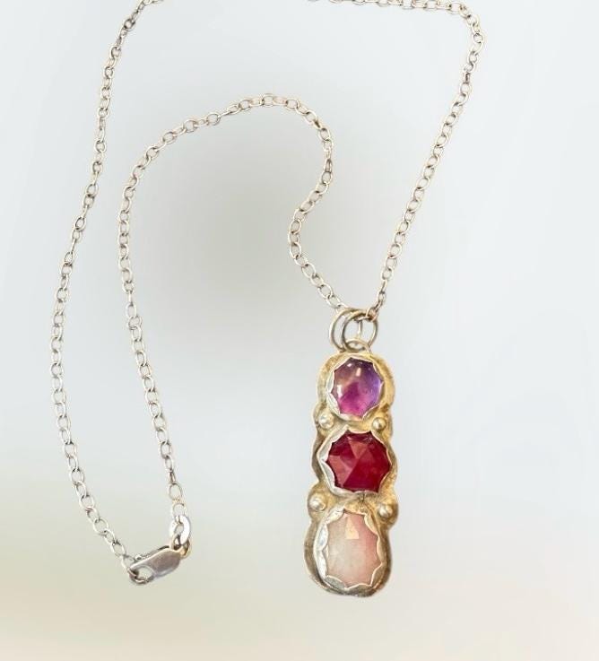 Amethyst Ruby Rose Quartz tri stone necklace