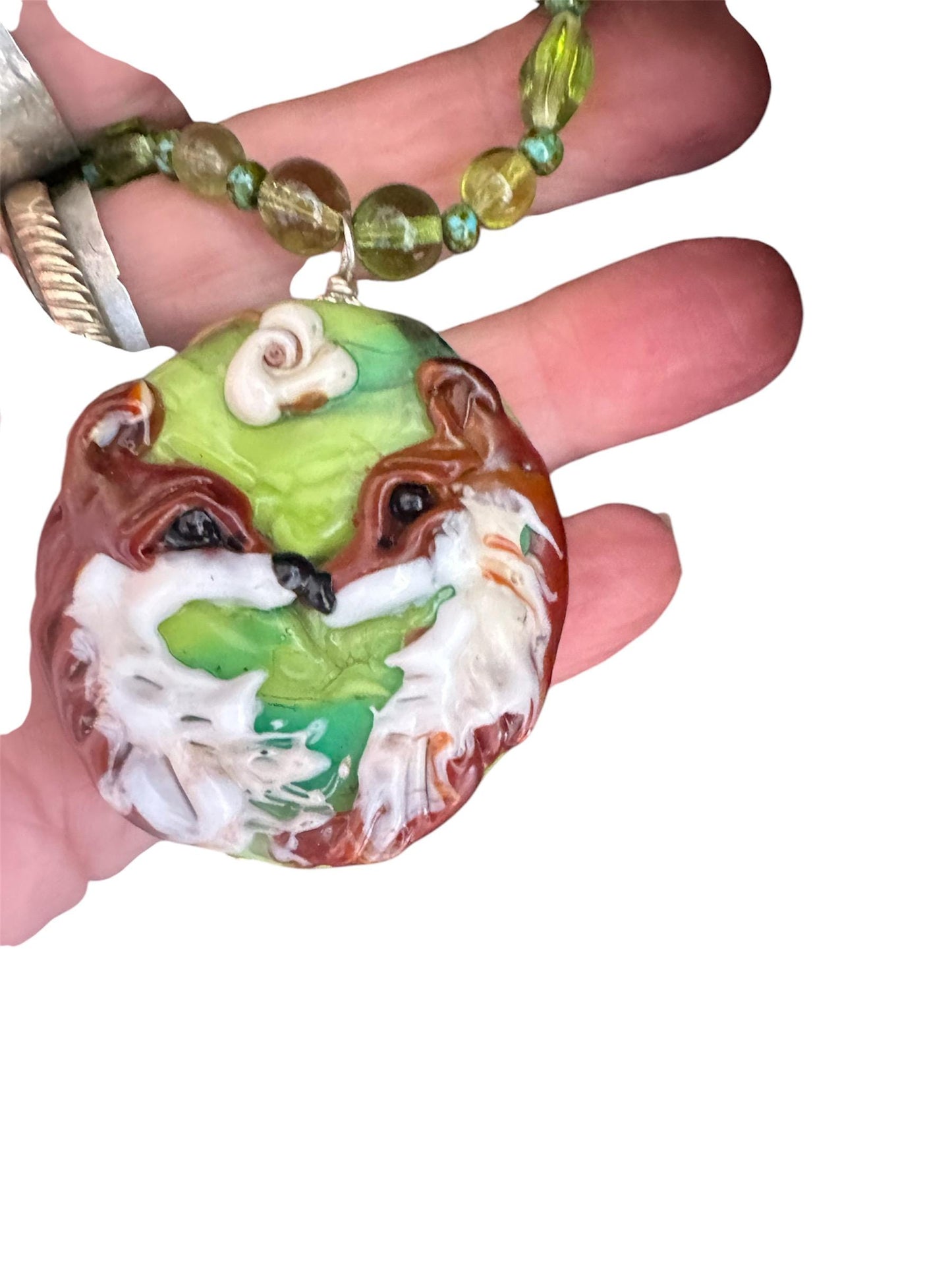 Pair of Red fox lampwork glass necklace, loving fox , love