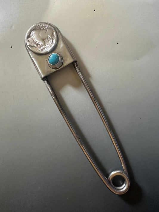 Decorative Jumbo turquoise safety pin , shawl pin, sweater pin, belt pin, buffal nickel and turquoise