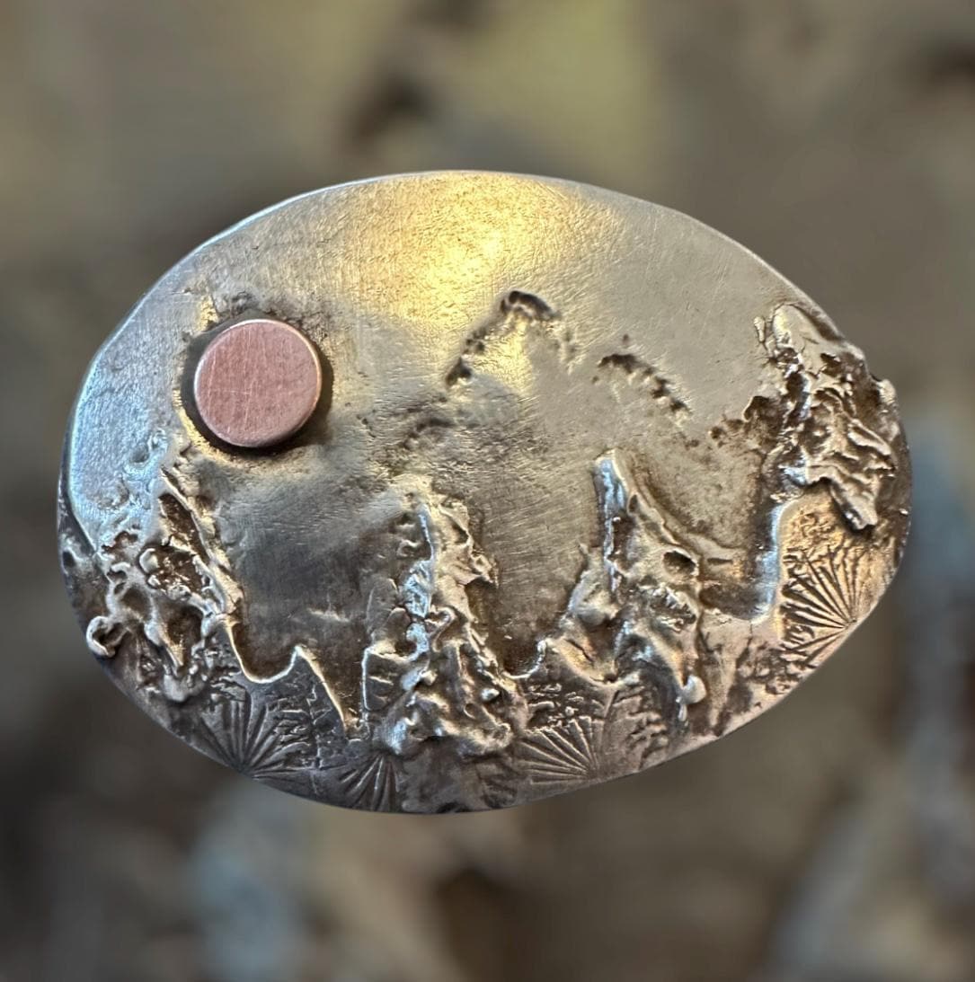 Mountain landscape pin, mixed metal brooch, artisan sterling silver pin, wilderness , artisan broach
