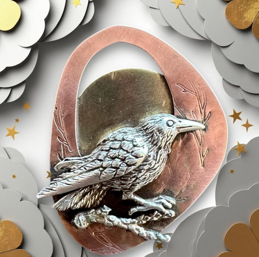Raven pin, mixed metal brooch, raven, crow