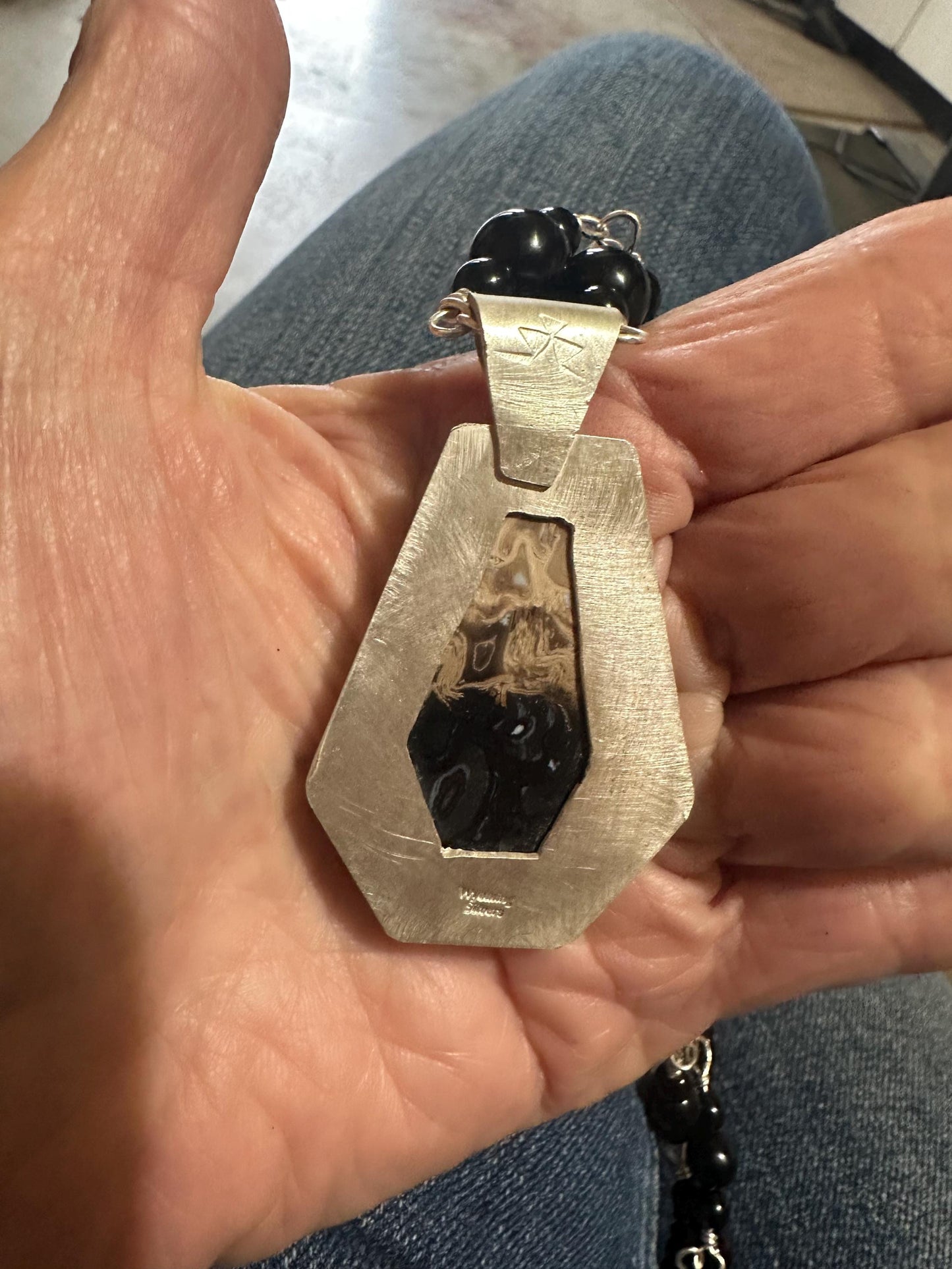 Agatized Palm root stone necklace, classic black and ivory necklace,