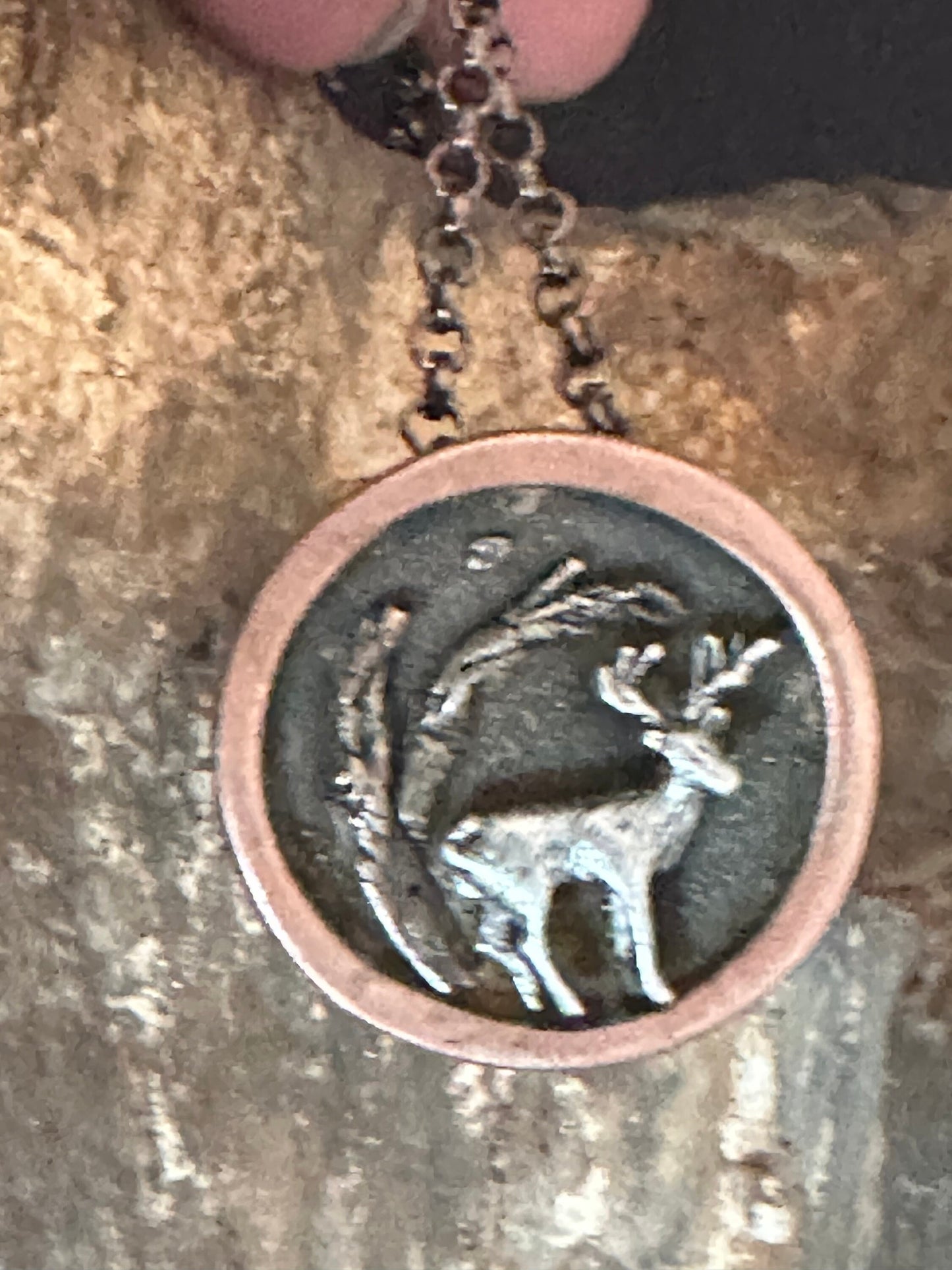 Handmade deer in woods tri metal necklace