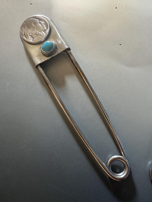 Decorative Jumbo turquoise safety pin , shawl pin, safety pin jewelry, safety pin brooch,hat pin, safety pin, Indian head nickel