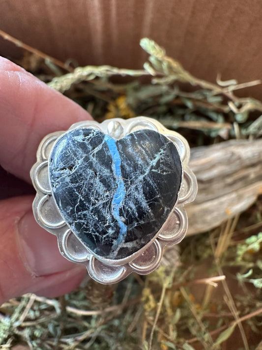 Artisan Heart Black Jack Turquoise Sterling silver ring. hand forged, hand made, size 10