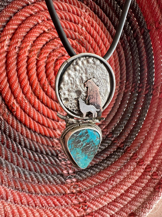 Bear and Wolf and turquoise medallion, hand forged sterling, spirit animals, totem