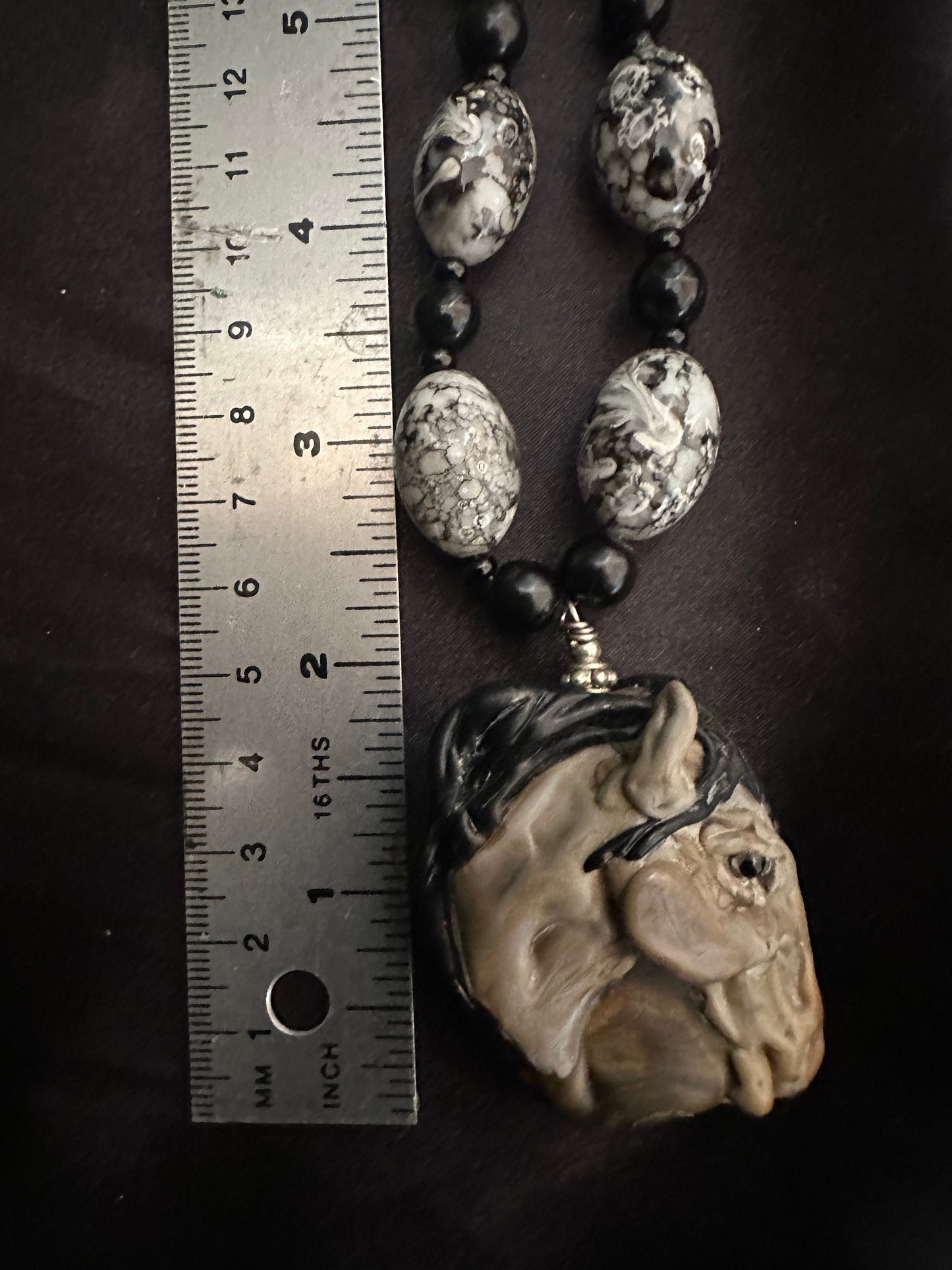 Gray horse sculpture artisan necklace set, horse , horse jewelry, pony, mustang, wild horses