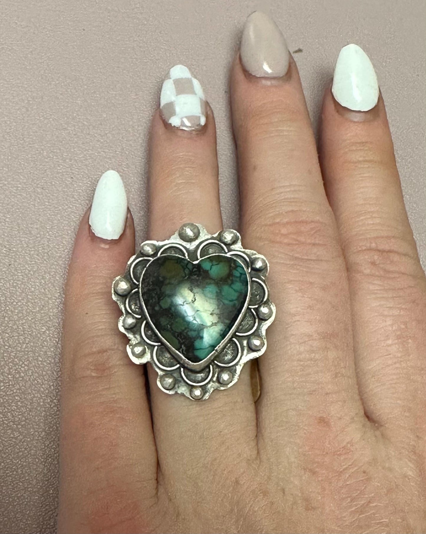 Artisan Heart Turquoise Sterling silver ring. hand forged, hand made, size 9
