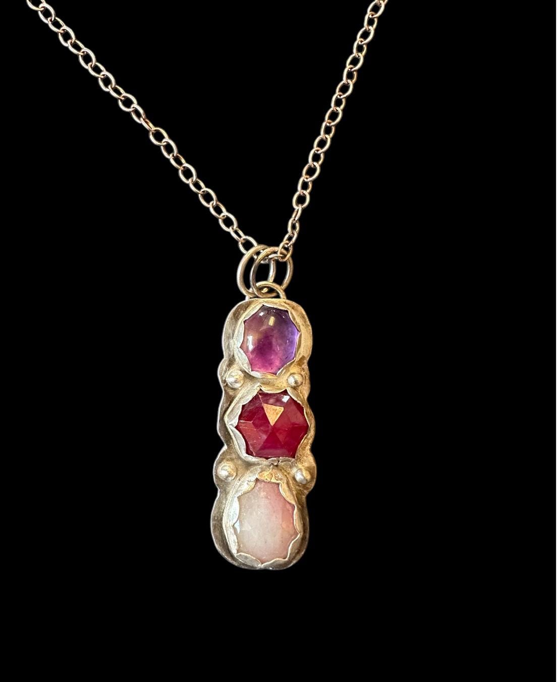 Amethyst Ruby Rose Quartz tri stone necklace