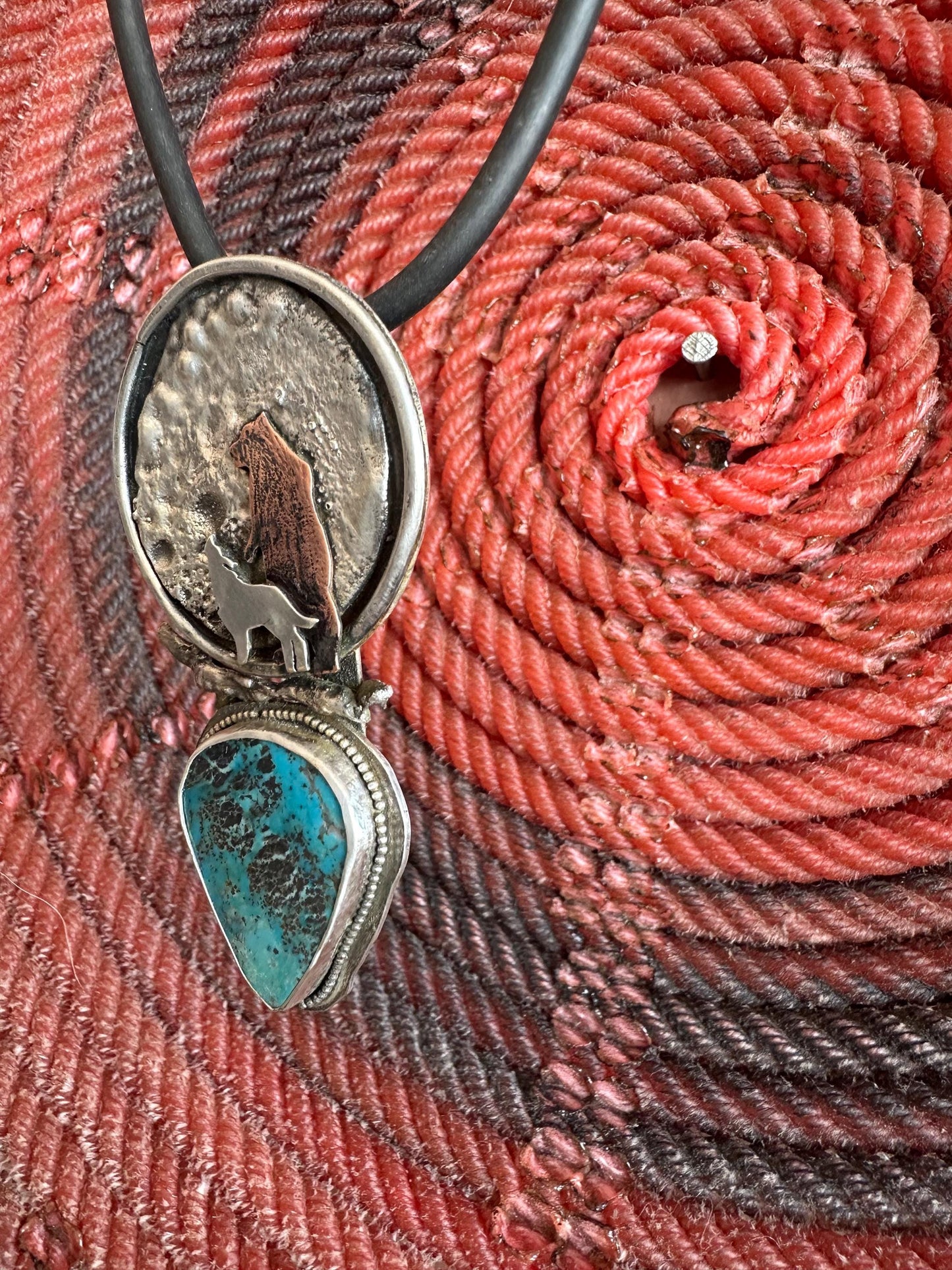 Bear and Wolf and turquoise medallion, hand forged sterling, spirit animals, totem