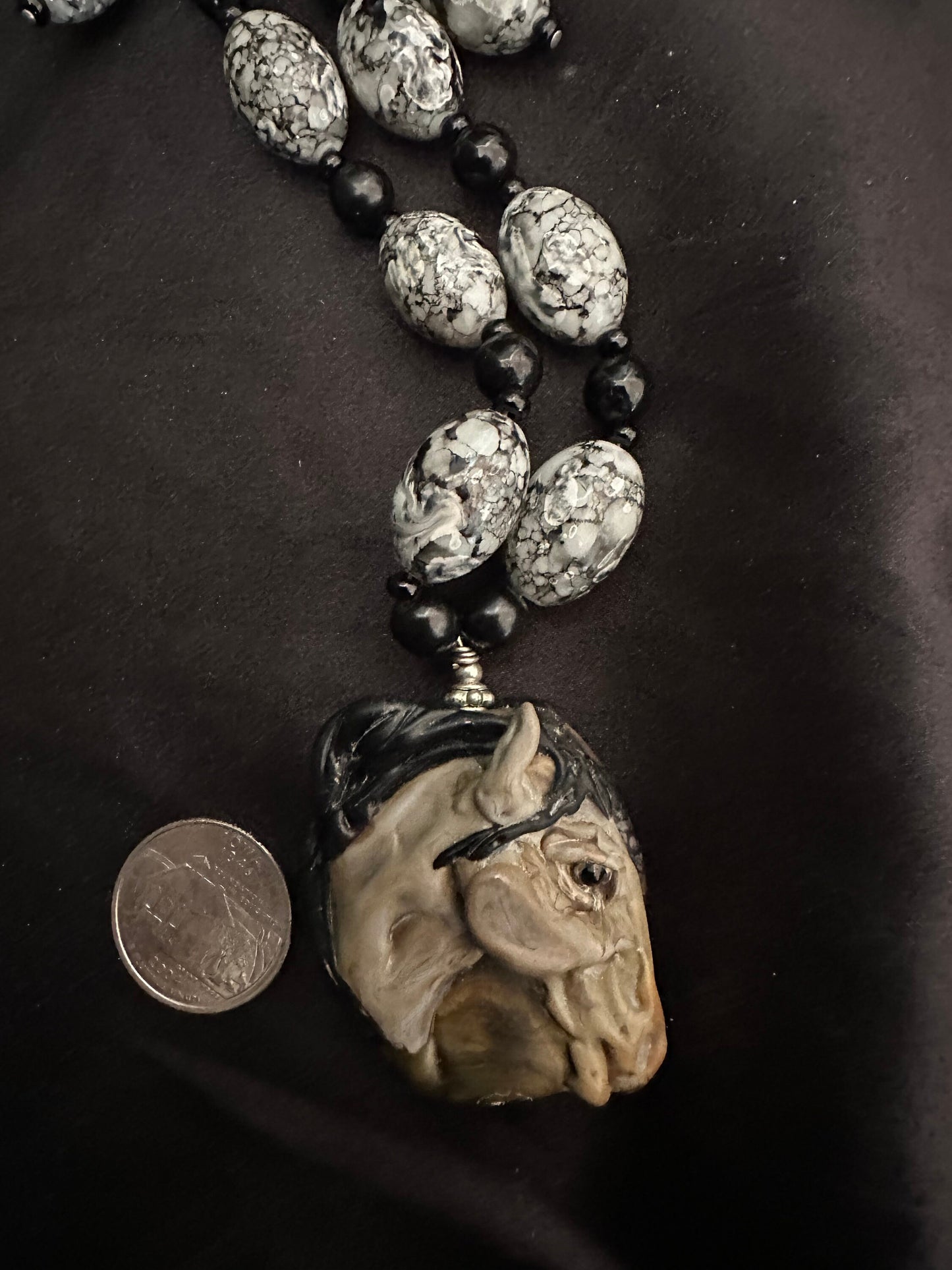 Gray horse sculpture artisan necklace set, horse , horse jewelry, pony, mustang, wild horses