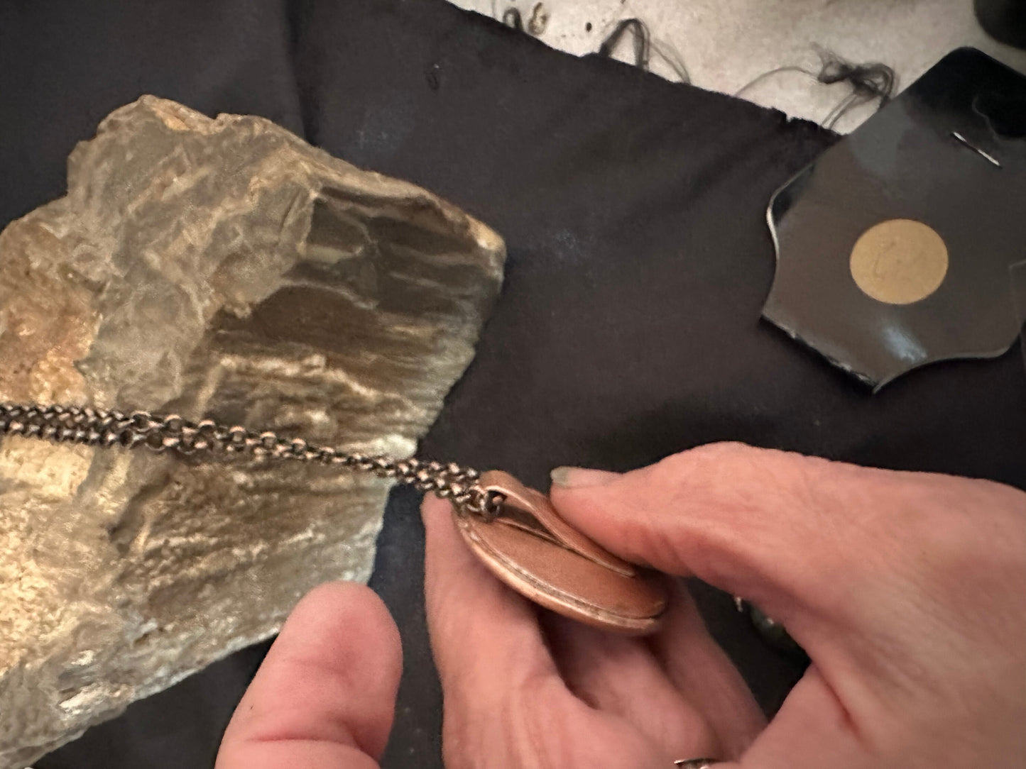 Handmade deer in woods tri metal necklace