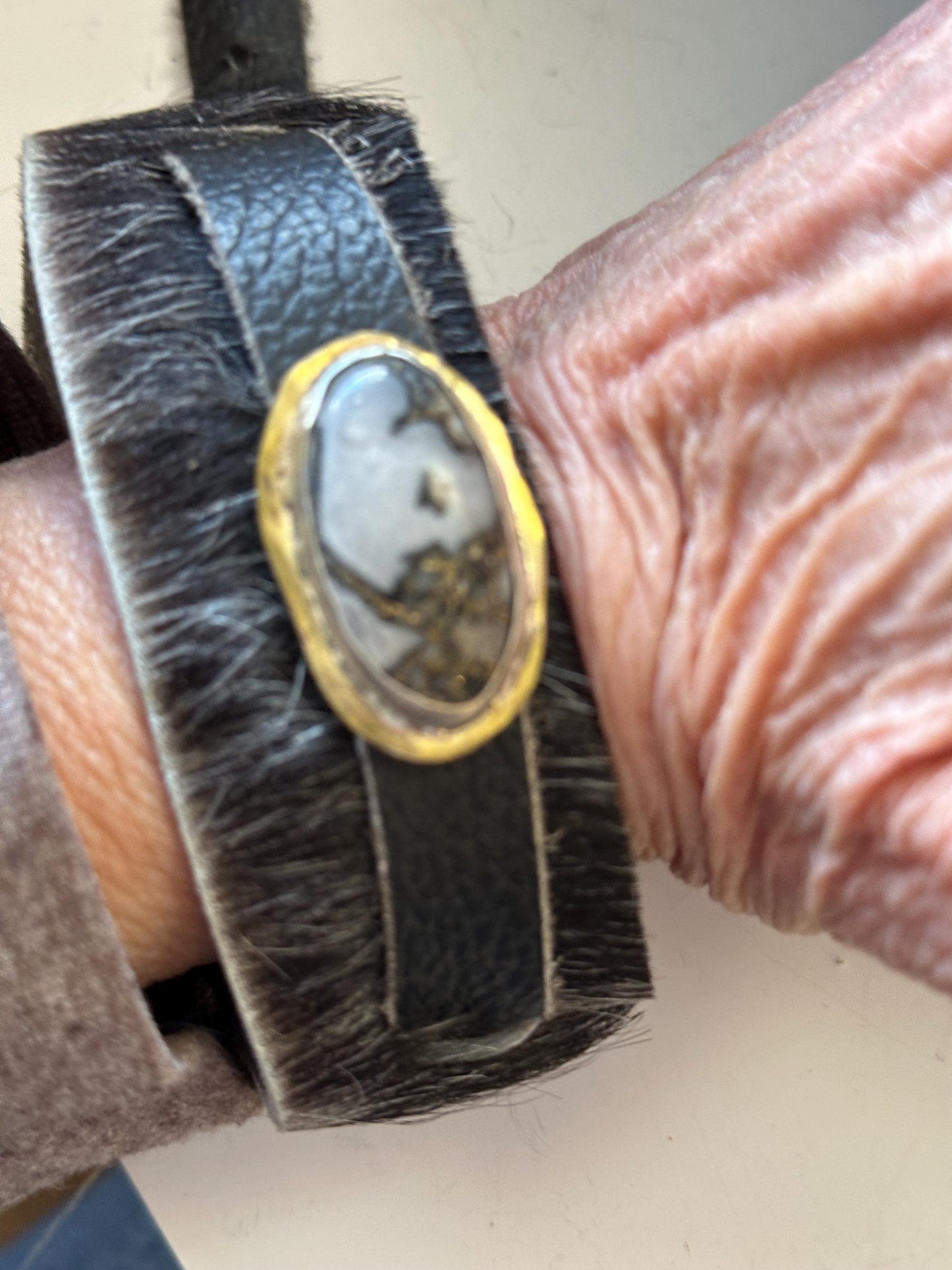 Leather bracelet, dendrite agate and leather, hide on leather,OOAK, statement bracelet