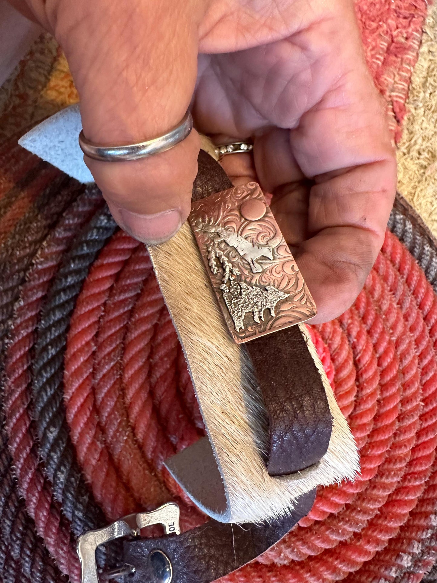 Wide rustic leaping fox in woods bi-metal cuff, old west, handcrafted metalwork, western style closure