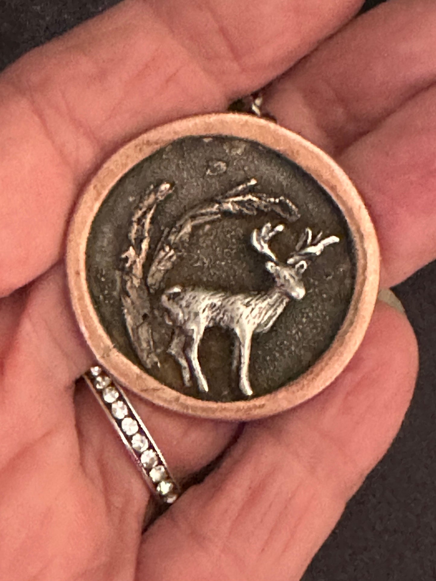 Handmade deer in woods tri metal necklace