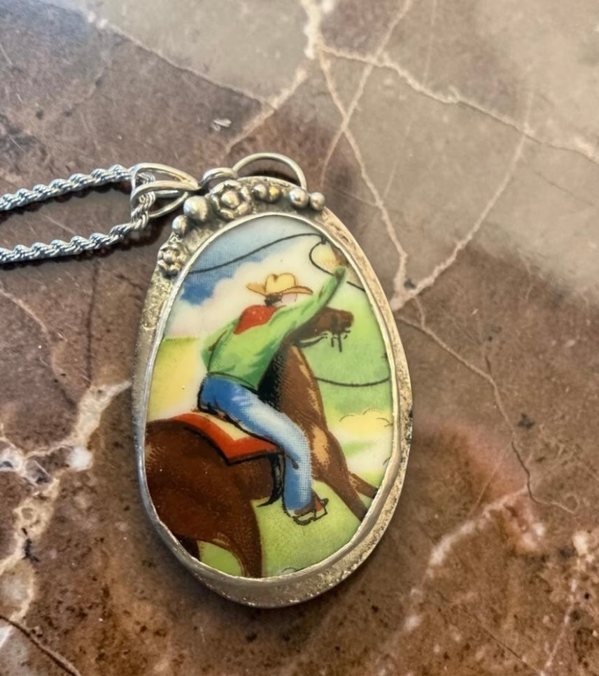 Ceramic Cowboy Pendant – reclaimed Kennedy Half Dollar Setting