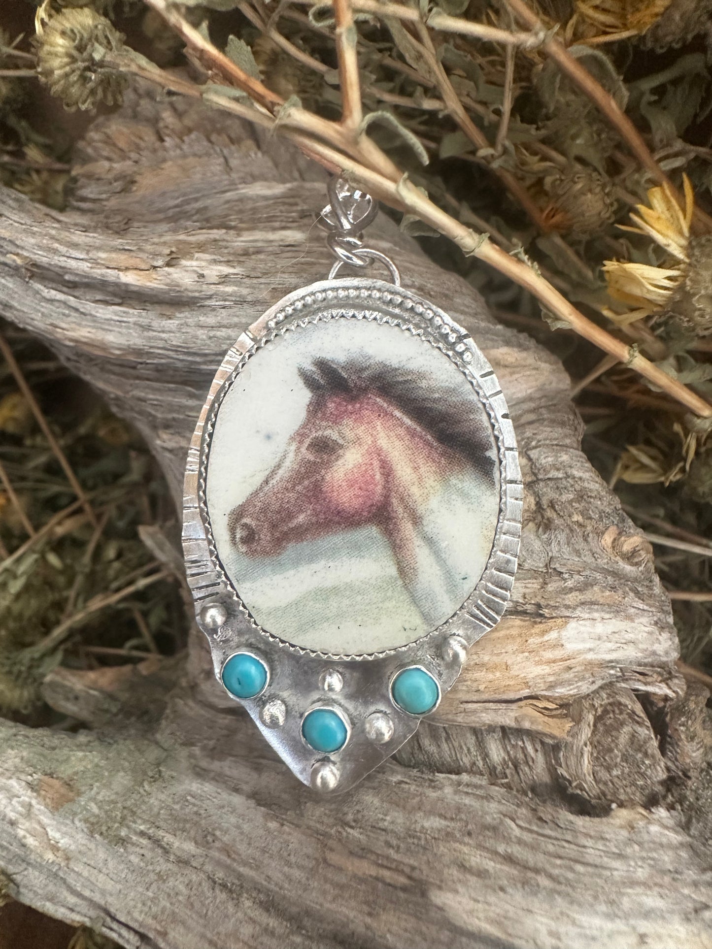 Porcelain Horse Pendant with Turquoise • Handmade Sterling Silver Equestrian Jewelry • Horse Lover Gift • Western Cowgirl Necklace