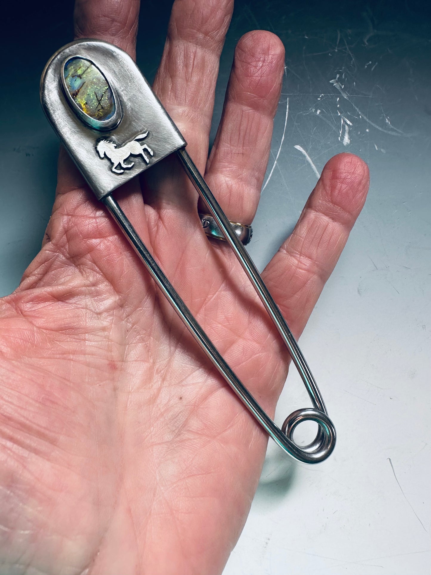Jumbo safety pin with sterling opal