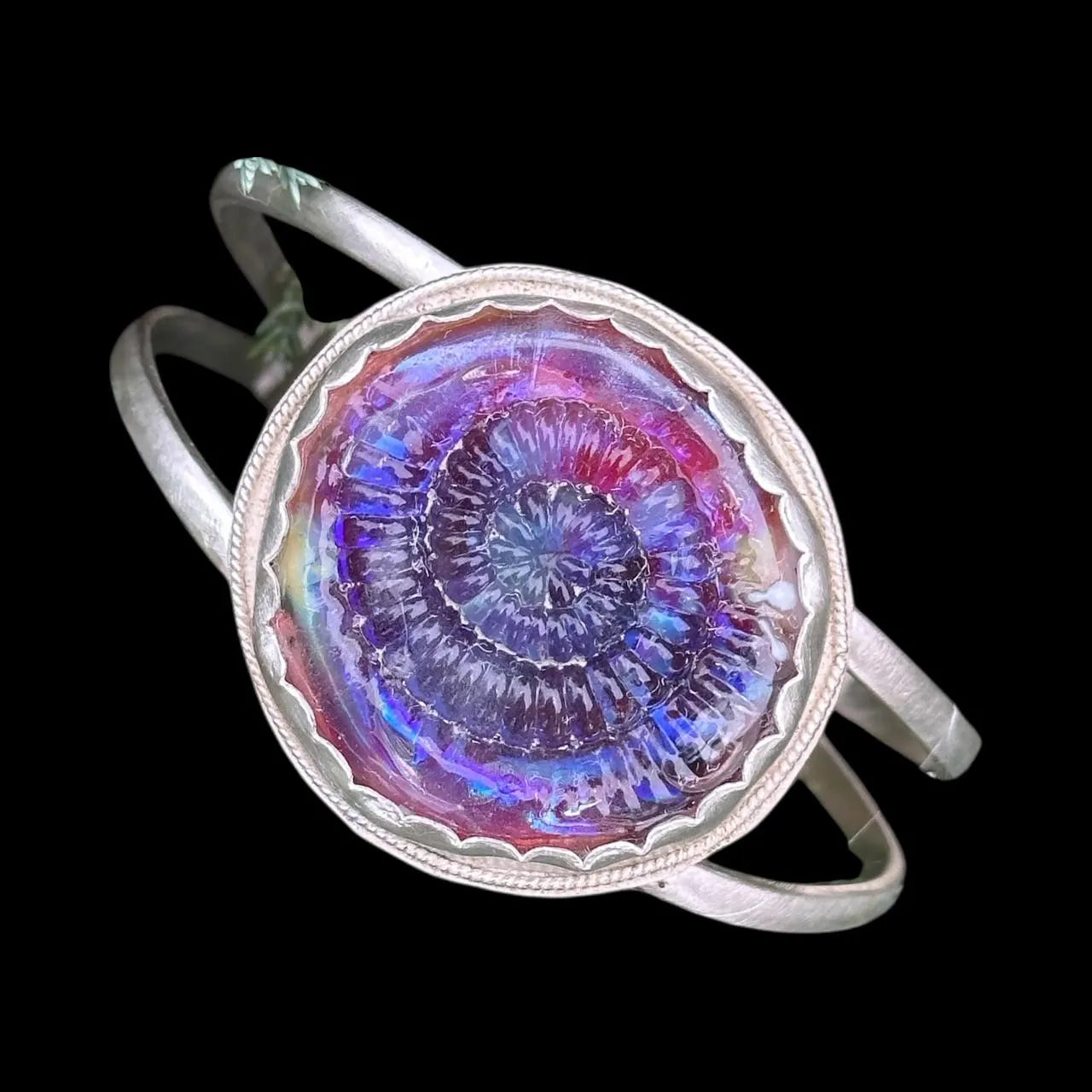 Handmade Lampwork Glass Cuff Bracelet – Sterling Silver Adjustable Bangle, Artisan Jewelry, Iridescent Statement Bracelet