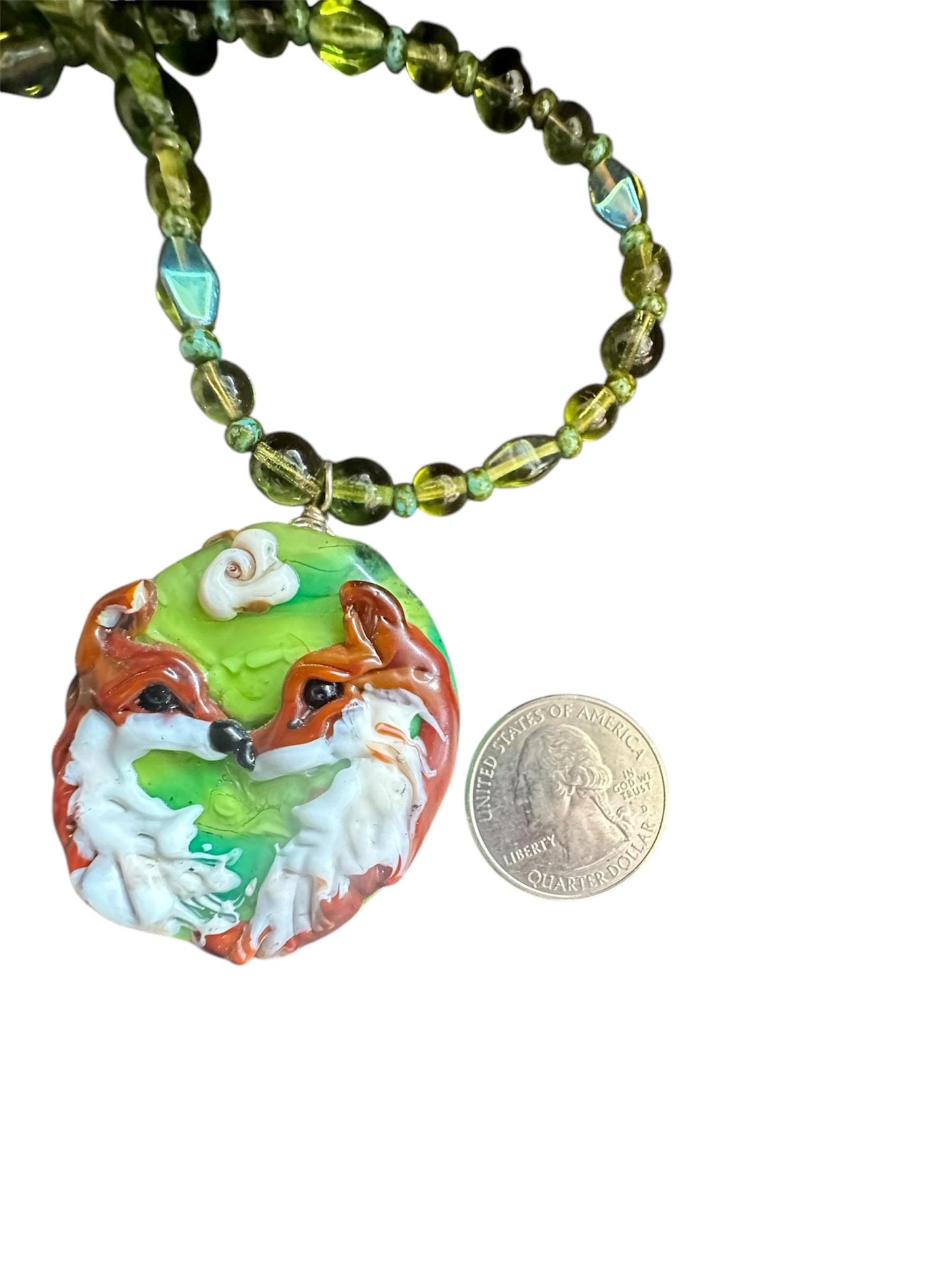 Pair of Red fox lampwork glass necklace, loving fox , love