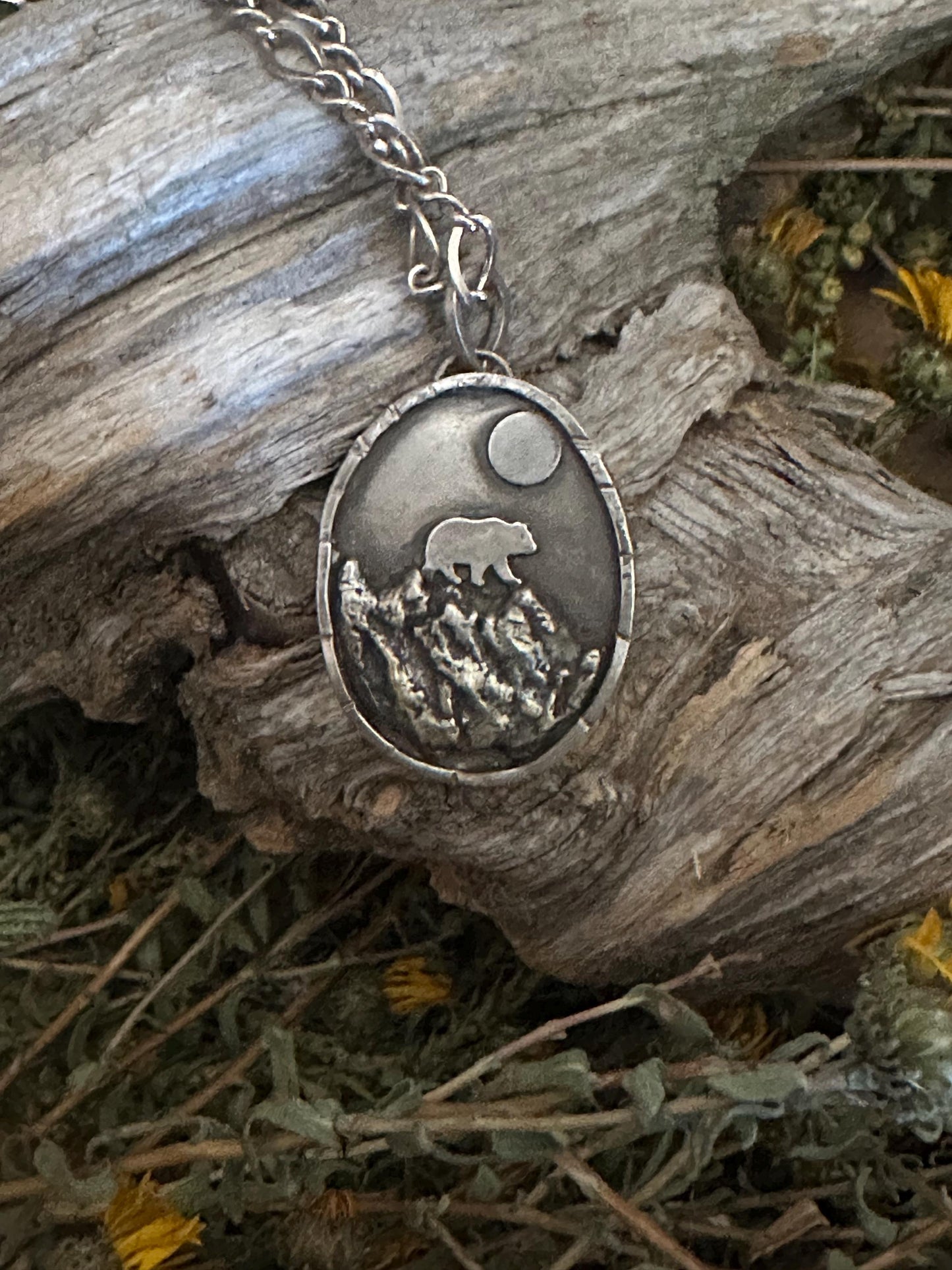 Bear in mountains hand forged silver necklace