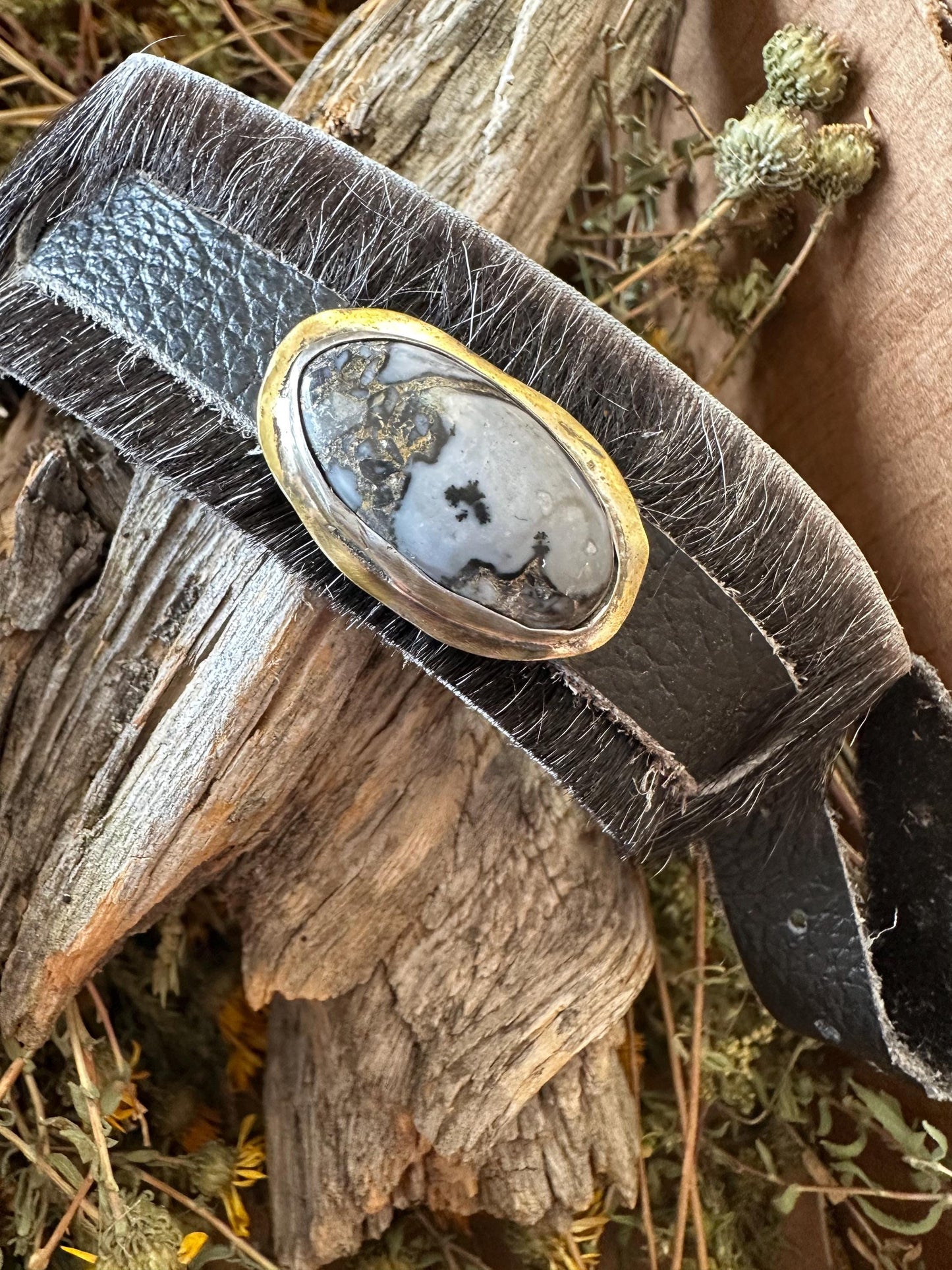 Leather bracelet, dendrite agate and leather, hide on leather,OOAK, statement bracelet