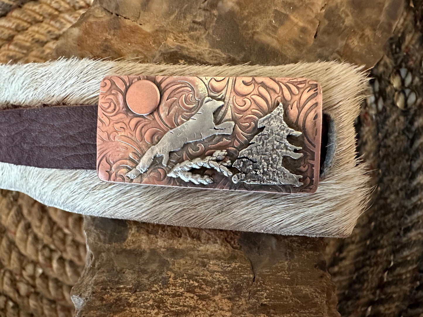 Wide rustic leaping fox in woods bi-metal cuff, old west, handcrafted metalwork, western style closure