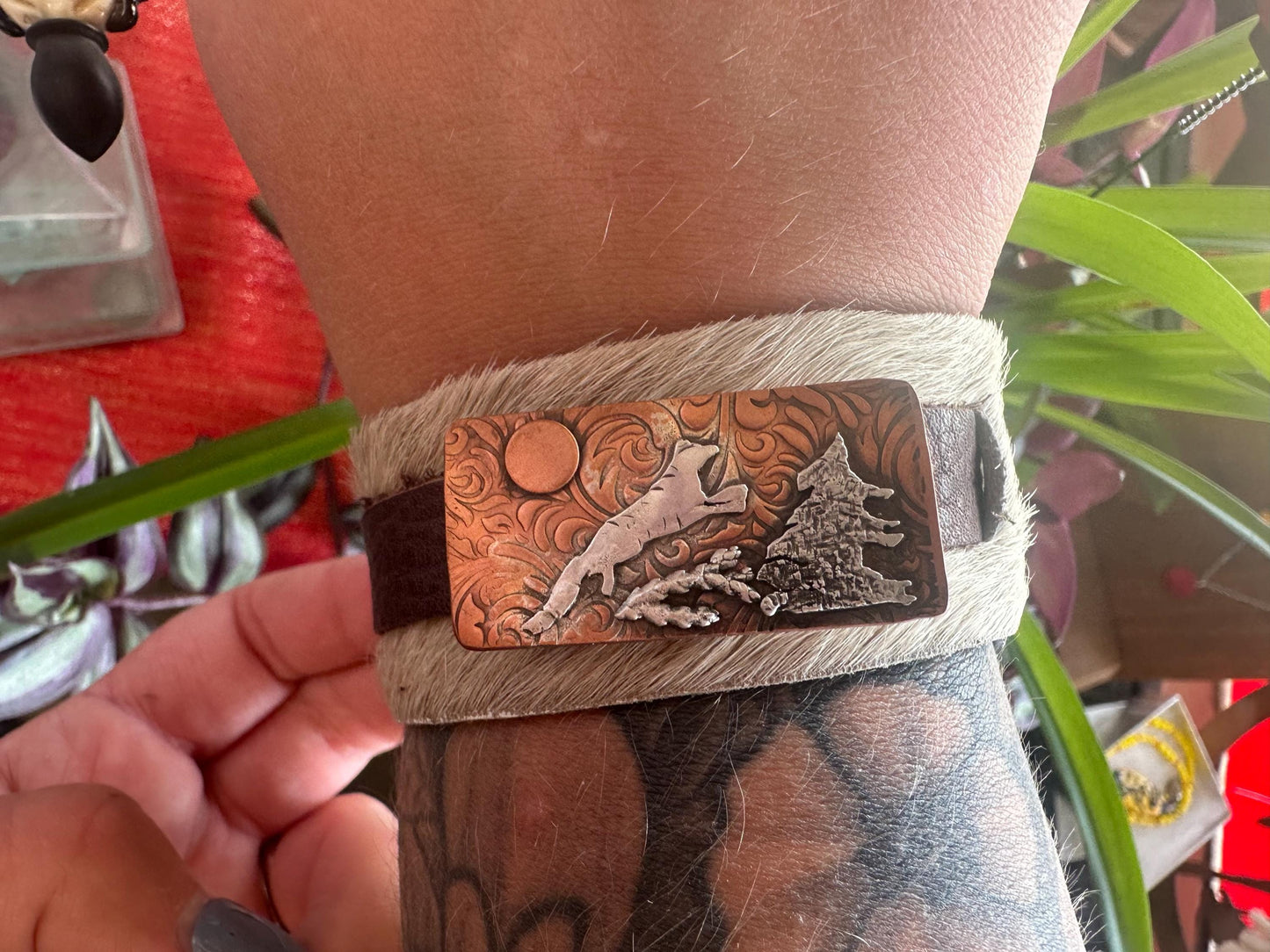 Wide rustic leaping fox in woods bi-metal cuff, old west, handcrafted metalwork, western style closure