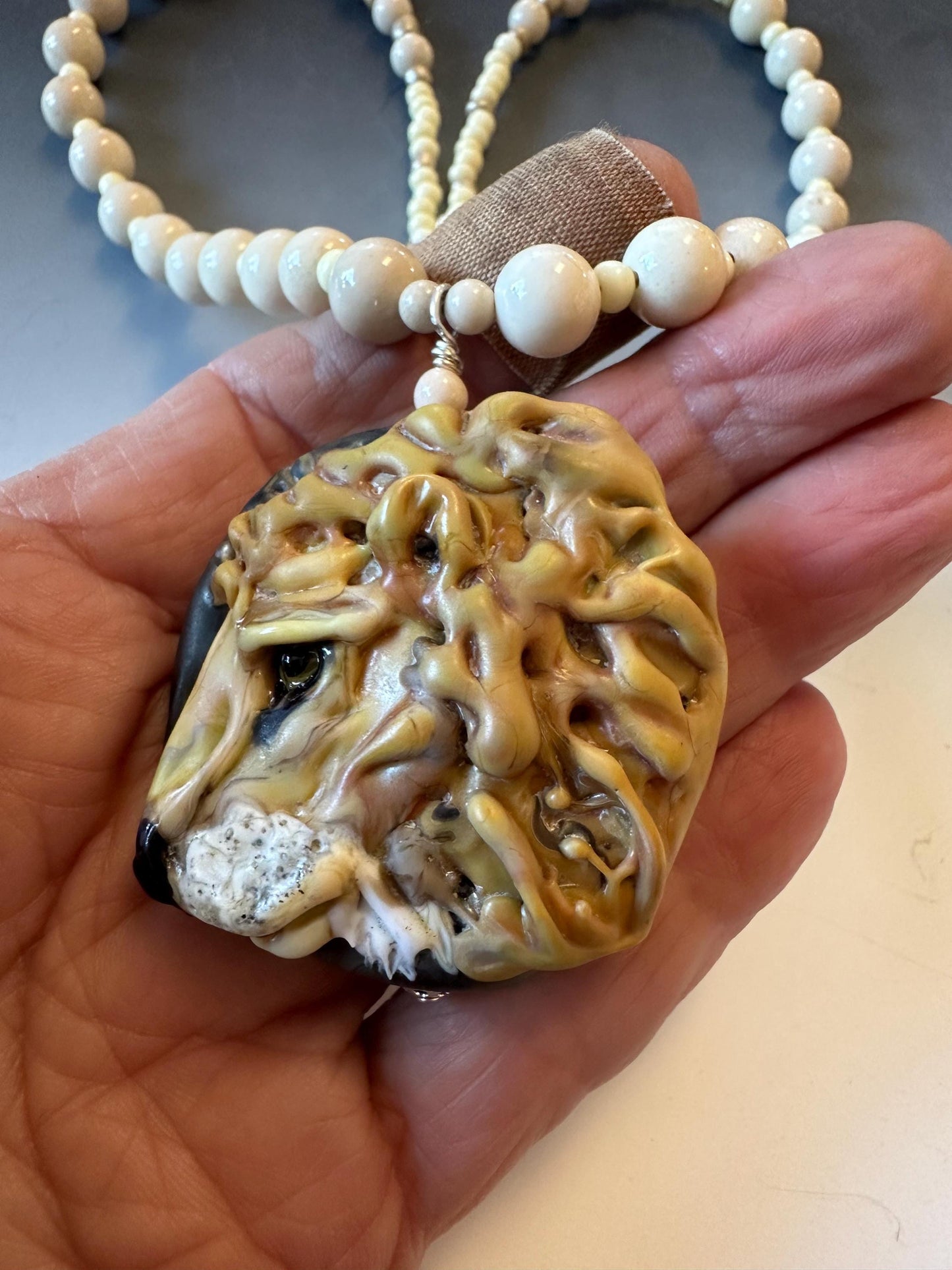 Lion necklace, glasswork, lampwork glass animals, statement necklace, artisan glass work,