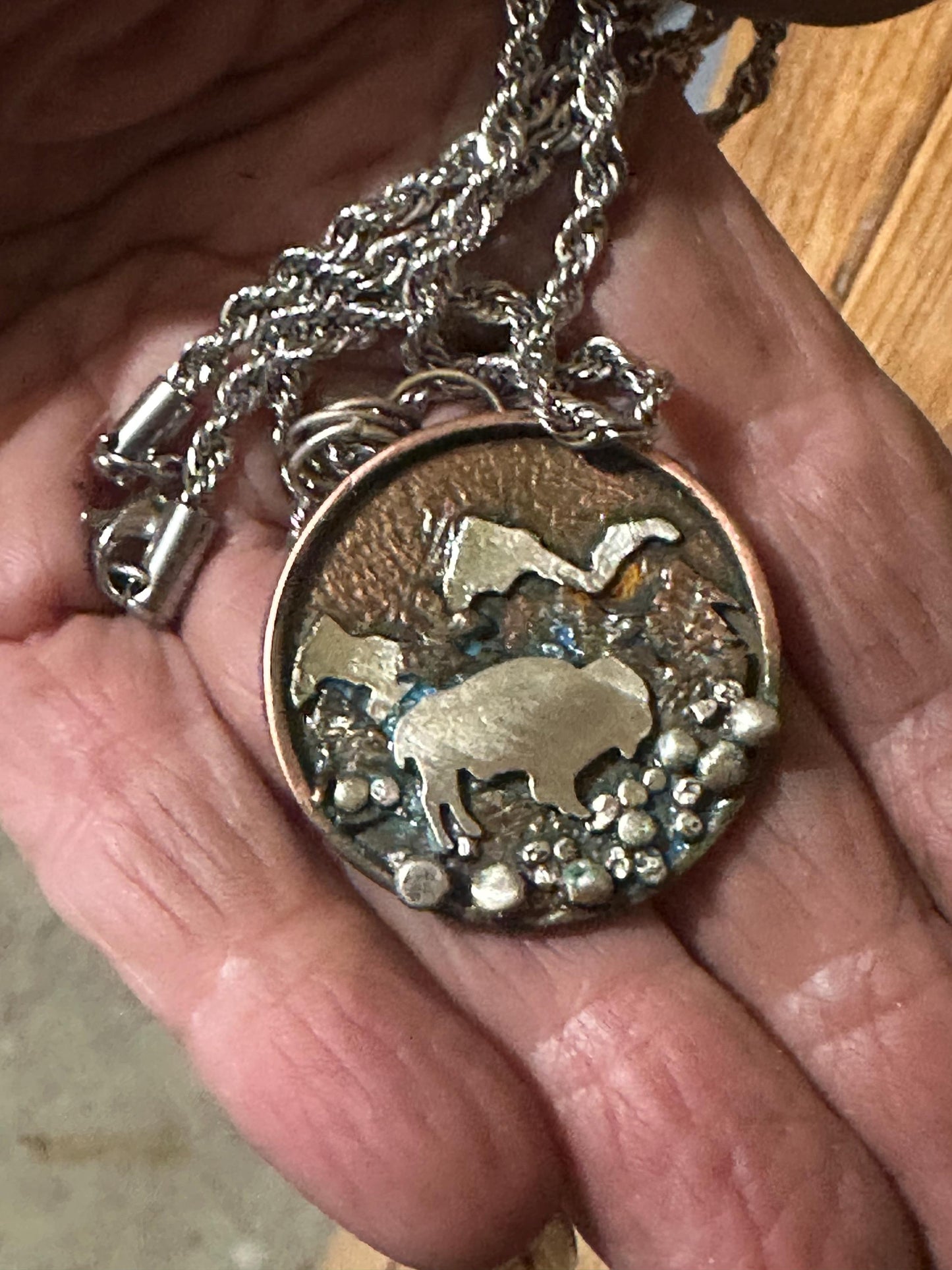 Handmade buffalo in mountains tri metal necklace