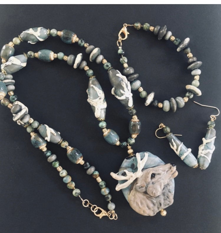 Lampwork Elk set, rocky mountain elk jewelry, elk necklace, wildlife statement jewelry, statement jewelry, long pendant necklace, elk theme