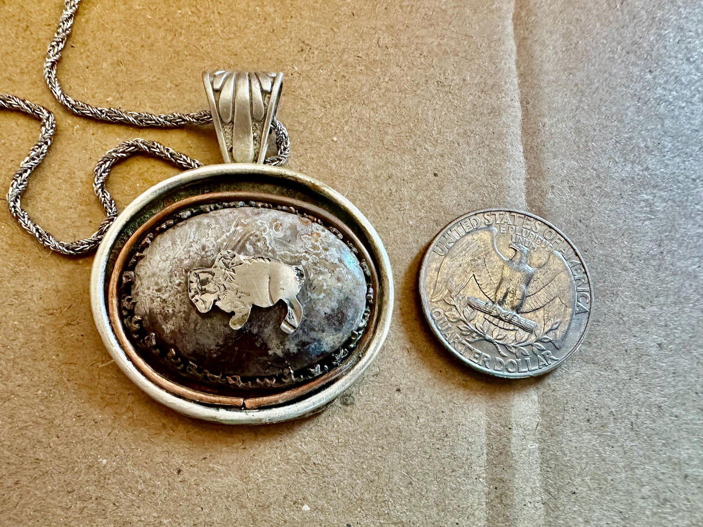 Handmade buffalo moss agate bi-metal necklace