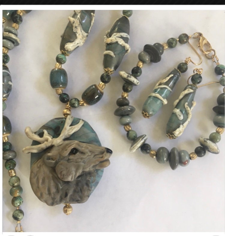Lampwork Elk set, rocky mountain elk jewelry, elk necklace, wildlife statement jewelry, statement jewelry, long pendant necklace, elk theme