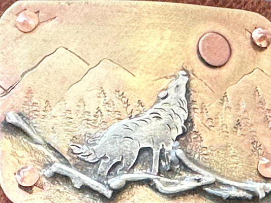 Wide rustic wolf roaming mountain cuff, old west, handcrafted metalwork, western button snap closure, western fashion