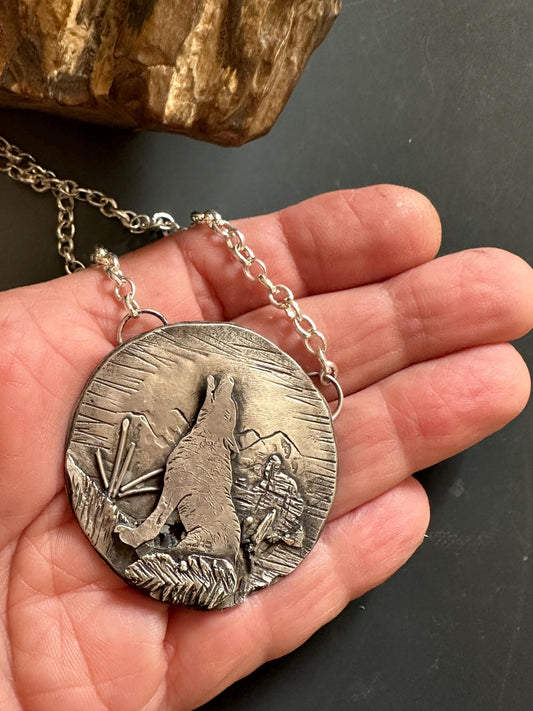 Wolf medallion, howling wolf necklace, hand forged sterling, spirit animal, totem