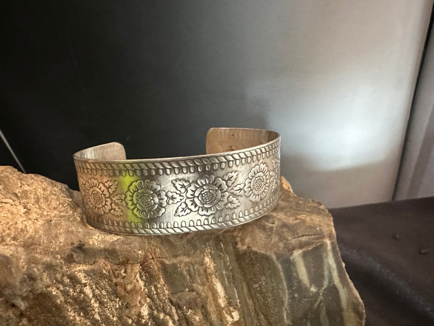 Western floral wide sterling silver cuff