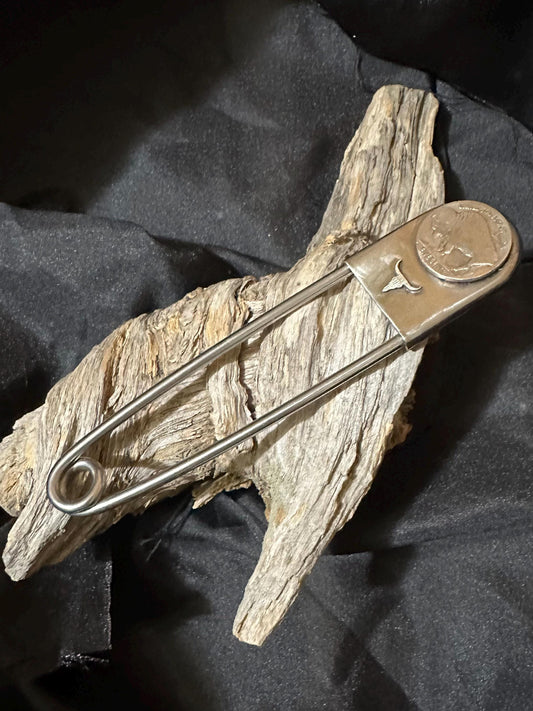 Decorative Jumbo turquoise safety pin , shawl pin, sweater pin, belt pin, buffal nickel and long horn steer