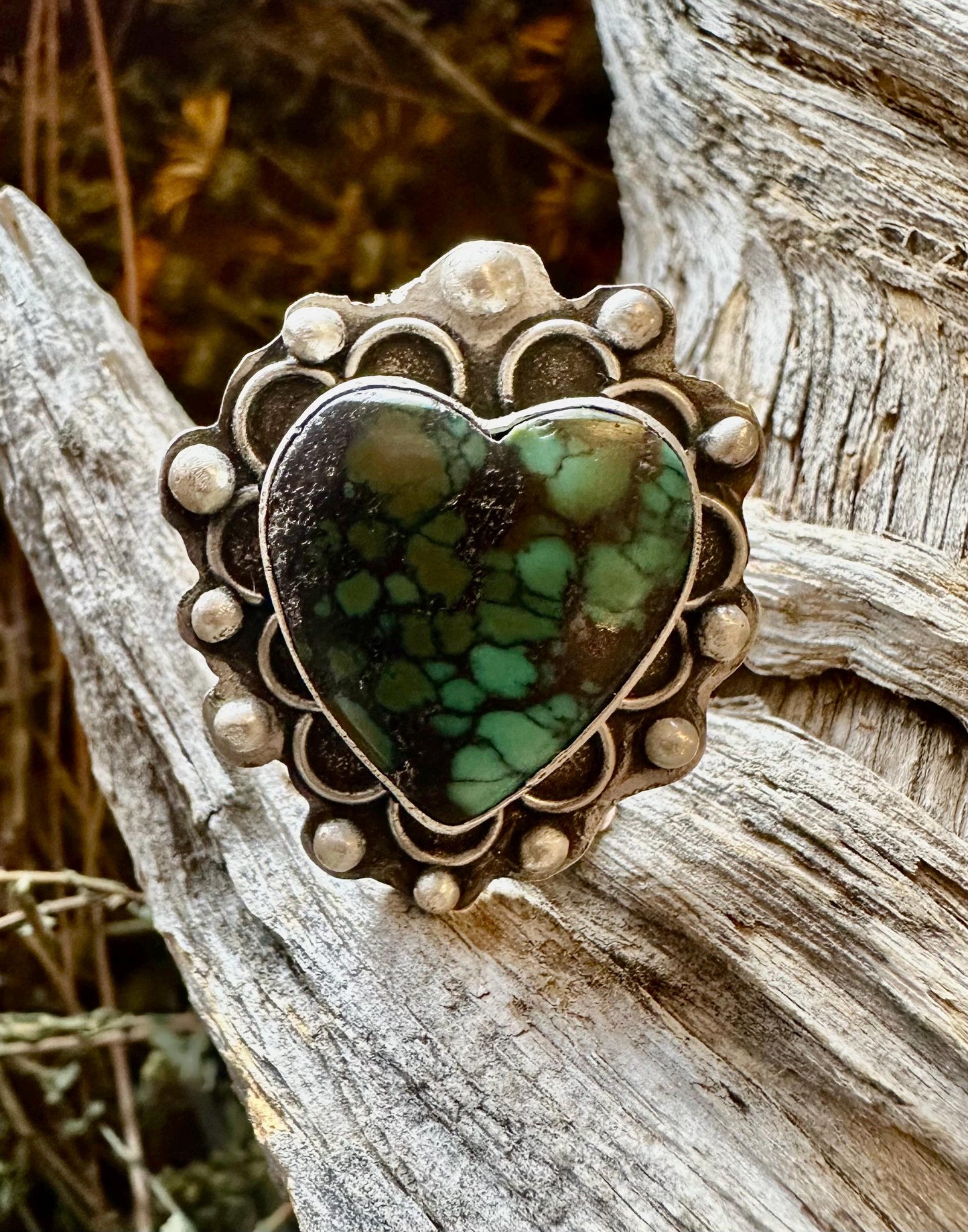 Artisan Heart Turquoise Sterling silver ring. hand forged, hand made, size 9