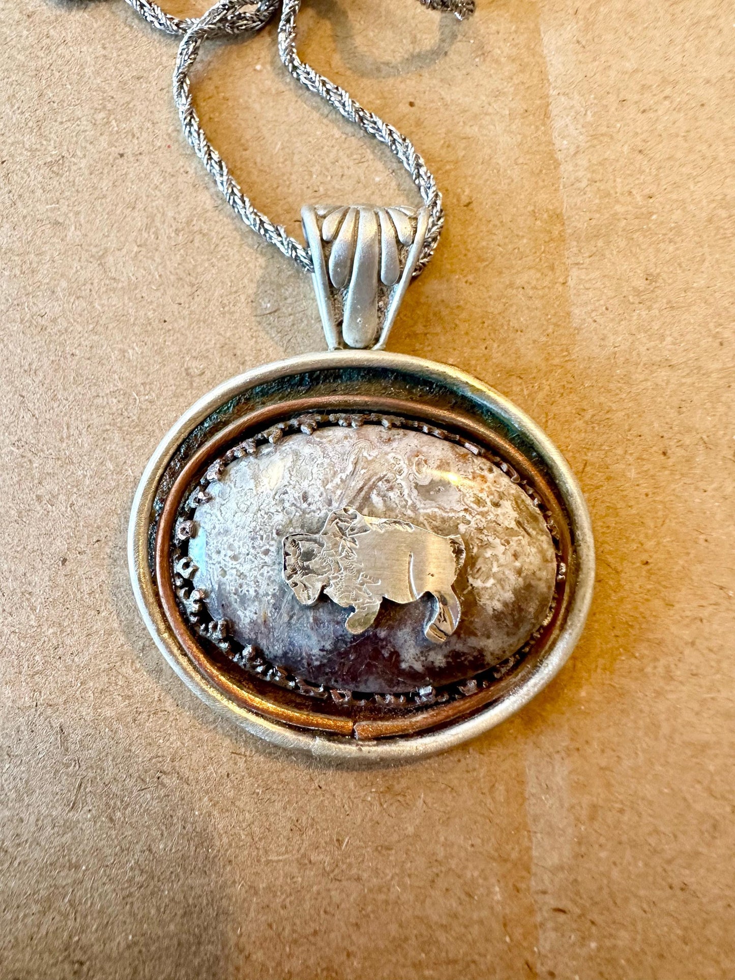 Handmade buffalo moss agate bi-metal necklace