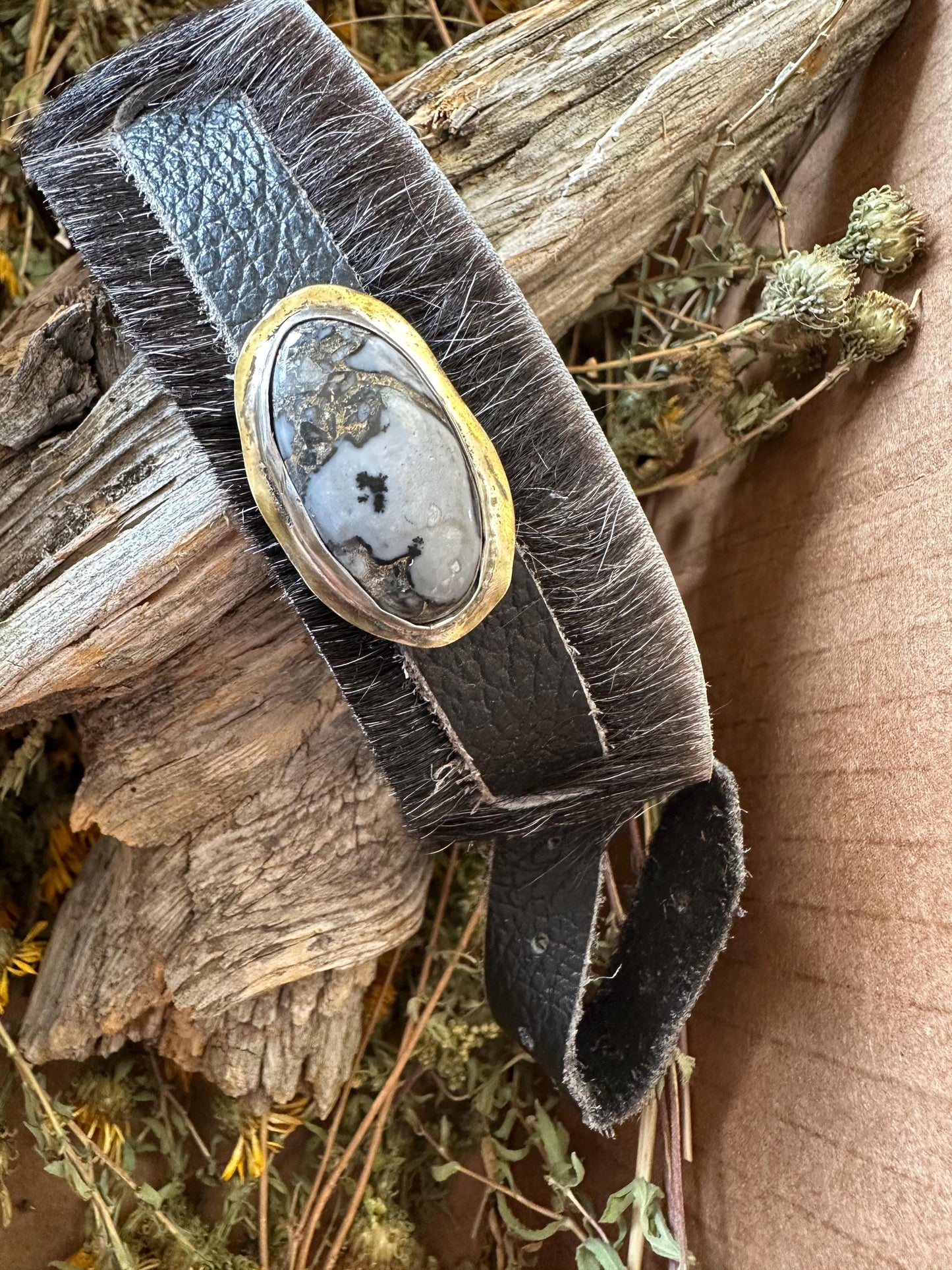 Leather bracelet, dendrite agate and leather, hide on leather,OOAK, statement bracelet