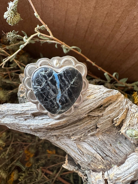 Artisan Heart Black Jack Turquoise Sterling silver ring. hand forged, hand made, size 10