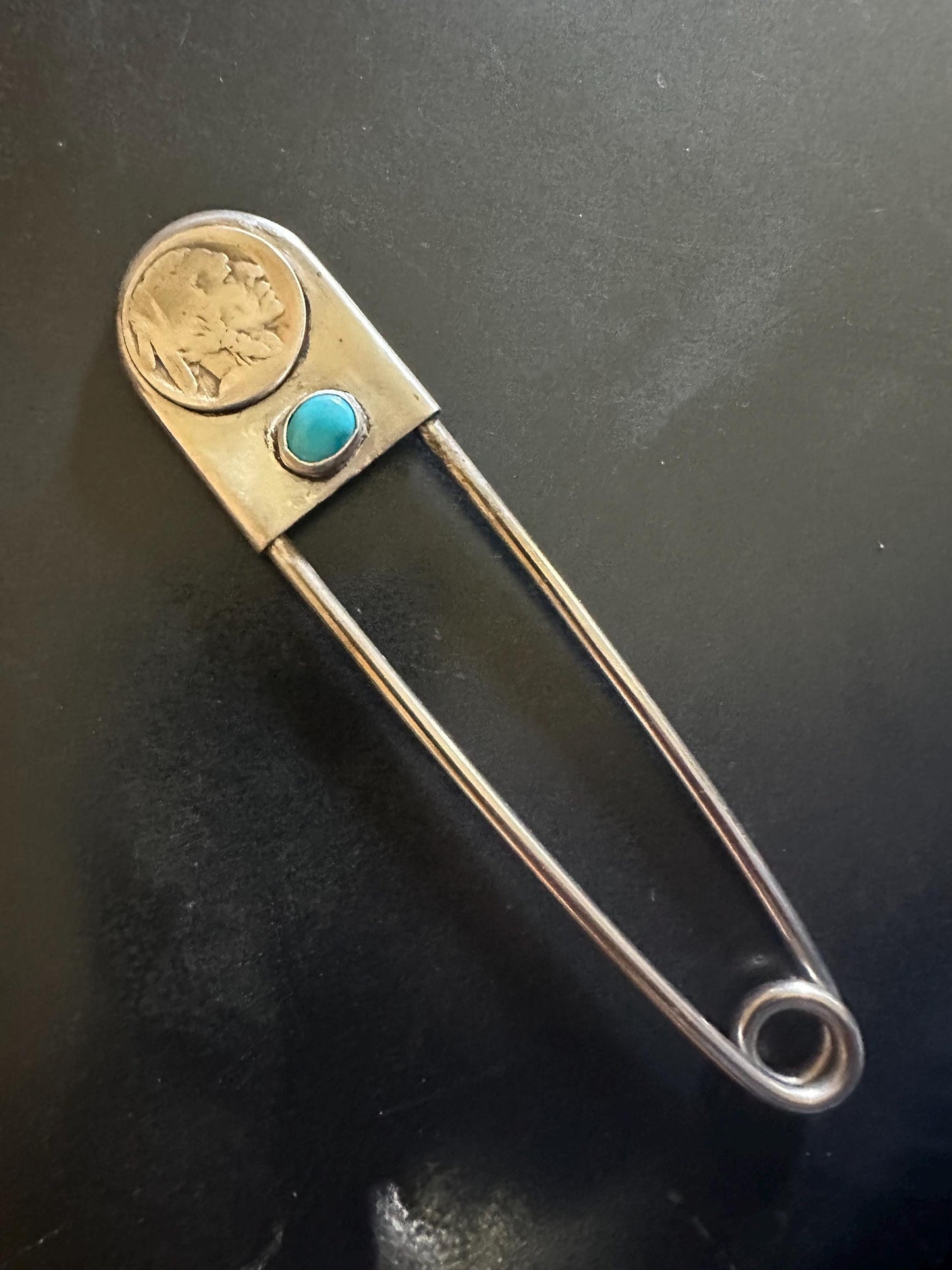 Decorative Jumbo turquoise safety pin , shawl pin, safety pin jewelry, safety pin brooch,hat pin, safety pin, Indian head nickel