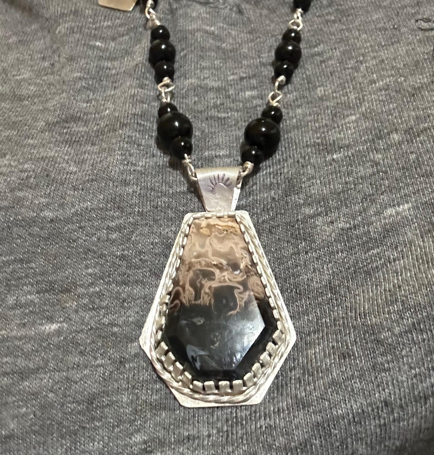 Agatized Palm root stone necklace, classic black and ivory necklace,
